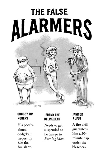 The False Alarmers: An unlikely team of experts specializing in setting off the fire drill. Chubby Tim Rogers: His poorly-aimed dodgeball frequently hits the fire alarm. Jeremy The Delinquent: Needs to get suspended so he can go to Burning Man. Janitor Rufus: A fire drill guarantees him a 20-minute nap under the bleachers.
